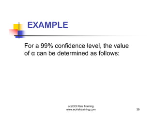 EXAMPLE

For a 99% confidence level, the value
of can be determined as follows:




               (c) ECI Risk Training
              www.ecirisktraining.com   39
 