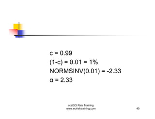 c = 0.99
(1-c) = 0.01 = 1%
NORMSINV(0.01) = -2.33
  = 2.33


      (c) ECI Risk Training
     www.ecirisktraining.com   40
 
