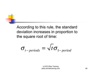 According to this rule, the standard
deviation increases in proportion to
the square root of time:


    t periods   = t                1 period



                 (c) ECI Risk Training
                www.ecirisktraining.com       48
 