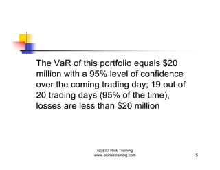 The VaR of this portfolio equals $20
million with a 95% level of confidence
over the coming trading day; 19 out of
20 trading days (95% of the time),
losses are less than $20 million



               (c) ECI Risk Training
              www.ecirisktraining.com    5
 