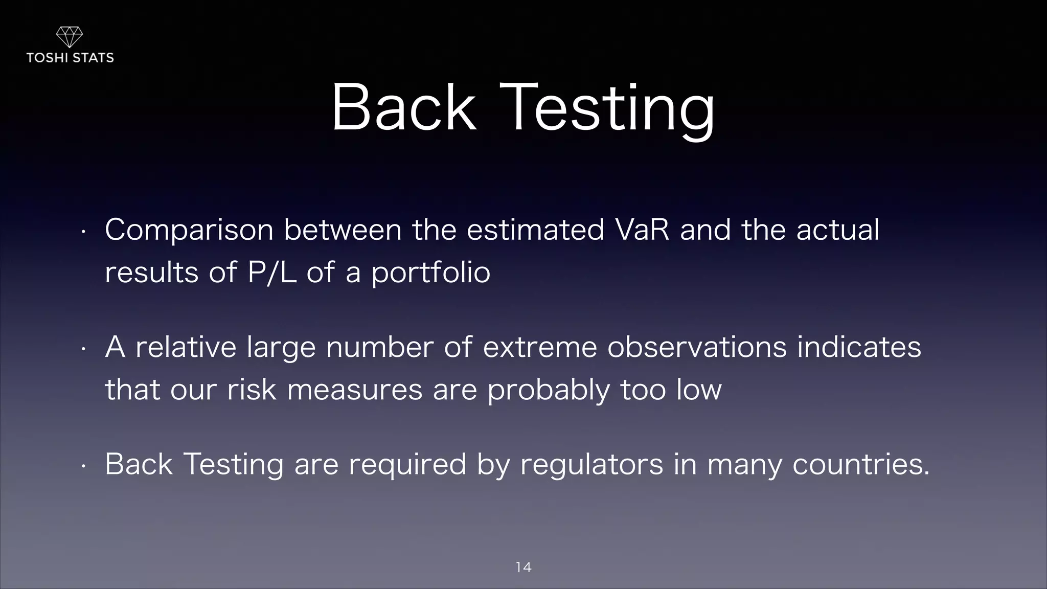 Back Testing
• Comparison between the estimated VaR and the actual
results of P/L of a portfolio
• A relative large number of extreme observations indicates
that our risk measures are probably too low
• Back Testing are required by regulators in many countries.
14
 