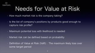 Needs for Value at Risk
• How much market risk is the company taking?
• Is the list of company s positions by products good enough to
capture risk proﬁle?
• Maximum potential loss with likelihood is needed
• Market risk can be deﬁned based on probability
• Deﬁnition of Value at Risk (VaR) : The maximum likely loss over
some target period
2
 