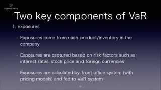 Two key components of VaR
1. Exposures
• Exposures come from each product/inventory in the
company
• Exposures are captured based on risk factors such as
interest rates, stock price and foreign currencies
• Exposures are calculated by front oﬃce system (with
pricing models) and fed to VaR system
6
 