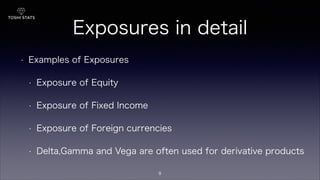 Exposures in detail
• Examples of Exposures
• Exposure of Equity
• Exposure of Fixed Income
• Exposure of Foreign currencies
• Delta,Gamma and Vega are often used for derivative products
9
 