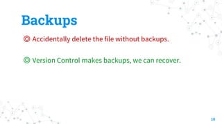Backups
◎ Accidentally delete the file without backups.
◎ Version Control makes backups, we can recover.
10
 