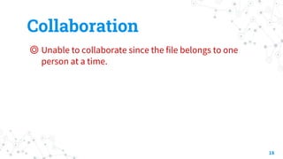 Collaboration
◎ Unable to collaborate since the file belongs to one
person at a time.
18
 