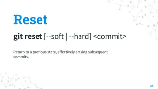 Reset
git reset [--soft | --hard] <commit>
54
Return to a previous state, effectively erasing subsequent
commits.
 