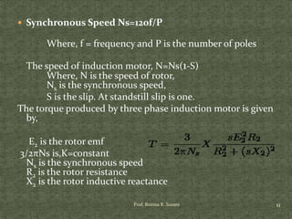  Synchronous Speed Ns=120f/P
Where, f = frequency and P is the number of poles
The speed of induction motor, N=Ns(1-S)
Where, N is the speed of rotor,
Ns is the synchronous speed,
S is the slip. At standstill slip is one.
The torque produced by three phase induction motor is given
by,
E2 is the rotor emf
3/2πNs is,K=constant
Ns is the synchronous speed
R2 is the rotor resistance
X2 is the rotor inductive reactance
11Prof. Rozina R. Surani
 