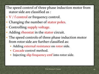 The speed control of three phase induction motor from
stator side are classified as :
 V / f control or frequency control.
 Changing the number of stator poles.
 Controlling supply voltage.
 Adding rheostat in the stator circuit.
 The speed controls of three phase induction motor
from rotor side are further classified as:
 Adding external resistance on rotor side.
 Cascade control method.
 Injecting slip frequency emf into rotor side.
12Prof. Rozina R. Surani
 