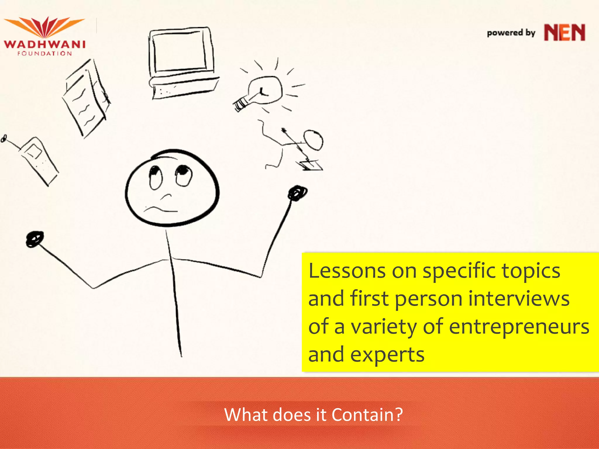 Lessons on specific topics
         and first person interviews
         of a variety of entrepreneurs
         and experts

What does it Contain?
 