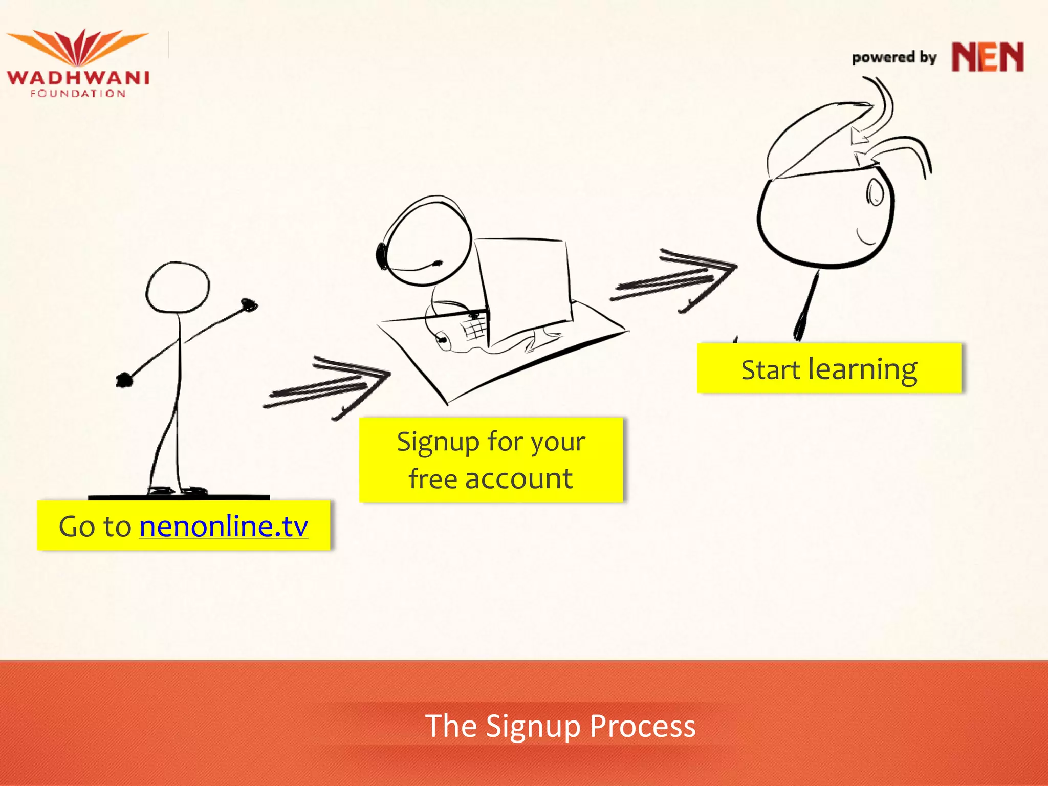 Start learning

                     Signup for your
                      free account
Go to nenonline.tv




                       The Signup Process
 