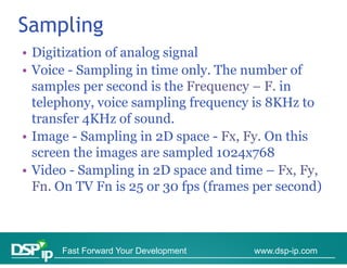 Sampling
   p g
• Digitization of analog signal
• Voice - Sampling in time only The number of
                            only.
  samples per second is the Frequency – F. in
  telephony,
  telephony voice sampling frequency is 8KHz to
  transfer 4KHz of sound.
•IImage - SSampling in 2D space - F F O thi
                 li i             Fx, Fy. On this
  screen the images are sampled 1024x768
• Vid - S
  Video Sampling i 2D space and ti
                li in D            d time – F F
                                            Fx, Fy,
  Fn. On TV Fn is 25 or 30 fps (frames per second)



      Fast Forward Your Development    www.dsp-ip.com
 