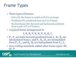 Frame Types
 • Three types of frames:
          yp
   ▫ Intra (I): the frame is coded as if it is an image
   ▫ Predicted (P): predicted from an I or P frame
   ▫ Bi-directional (B): forward and backward predicted
     from a pair of I or P frames.
 • A typical f
         i l frame arrangement i   is:
                 I1 B1 B2 P1 B3 B4 P2 B5 B6 I2
 • P1, P2 are b h f
              both forward-predicted f
                           d     di d from I1. B1, B2 are
   interpolated from I1 and P1, B3, B4 are interpolated
   from P1, P2, and B5, B6 are interpolated from P2, I2.
 • New Coding standards added other frame types: SP,
   SI, D

       Fast Forward Your Development          www.dsp-ip.com
 