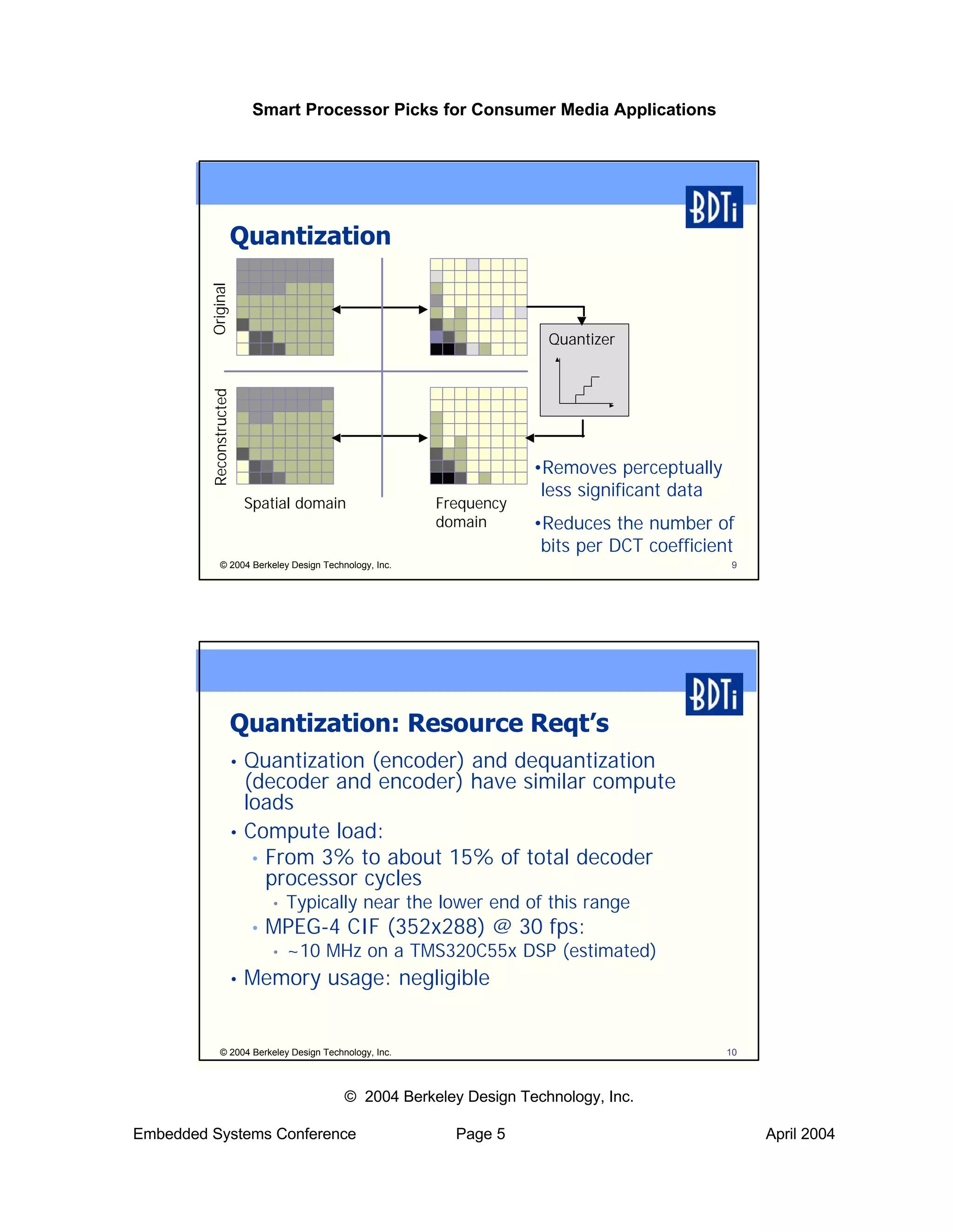 Smart Processor Picks for Consumer Media Applications




                         Quantization
         Original




                                                                       Quantizer
         Reconstructed




                                                                     •Removes perceptually
                                                                      less significant data
                             Spatial domain              Frequency
                                                         domain      •Reduces the number of
                                                                      bits per DCT coefficient
               © 2004 Berkeley Design Technology, Inc.                                         9




                         Quantization: Resource Reqt’s
                         • Quantization (encoder) and dequantization
                           (decoder and encoder) have similar compute
                           loads
                         • Compute load:
                            • From 3% to about 15% of total decoder
                              processor cycles
                                 •   Typically near the lower end of this range
                             •   MPEG-4 CIF (352x288) @ 30 fps:
                                 •   ~10 MHz on a TMS320C55x DSP (estimated)
                         •   Memory usage: negligible


               © 2004 Berkeley Design Technology, Inc.                                        10



                                            © 2004 Berkeley Design Technology, Inc.

Embedded Systems Conference                                Page 5                                  April 2004
 