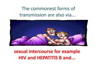 The commonest forms of
transmission are also via...
sexual intercourse for example
HIV and HEPATITIS B and...
 