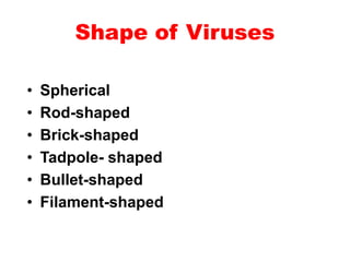 Shape of Viruses
• Spherical
• Rod-shaped
• Brick-shaped
• Tadpole- shaped
• Bullet-shaped
• Filament-shaped
 