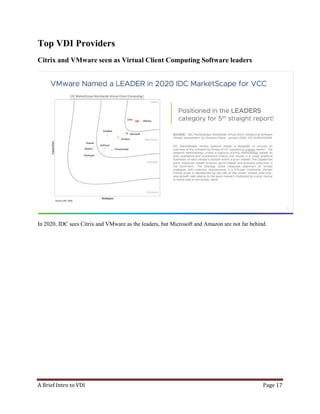A Brief Intro to VDI Page 17
Top VDI Providers
Citrix and VMware seen as Virtual Client Computing Software leaders
In 2020, IDC sees Citrix and VMware as the leaders, but Microsoft and Amazon are not far behind.
 