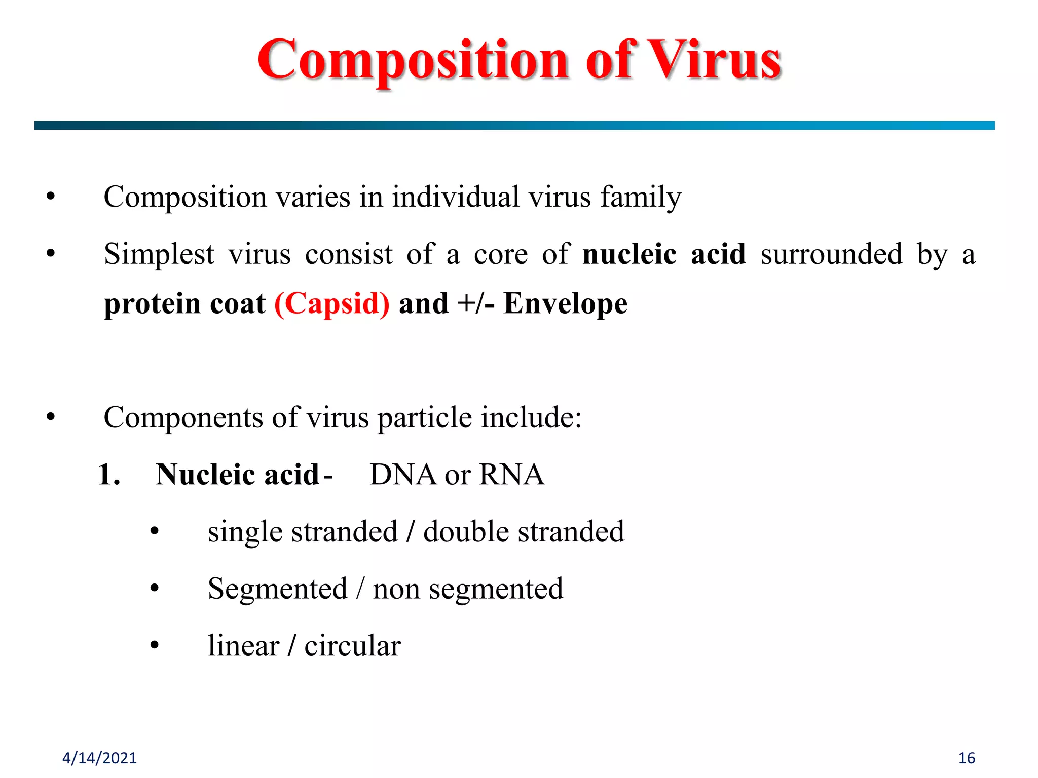 4/14/2021 16
• Composition varies in individual virus family
• Simplest virus consist of a core of nucleic acid surrounded by a
protein coat (Capsid) and +/- Envelope
• Components of virus particle include:
1. Nucleic acid- DNA or RNA
• single stranded / double stranded
• Segmented / non segmented
• linear / circular
Composition of Virus
 