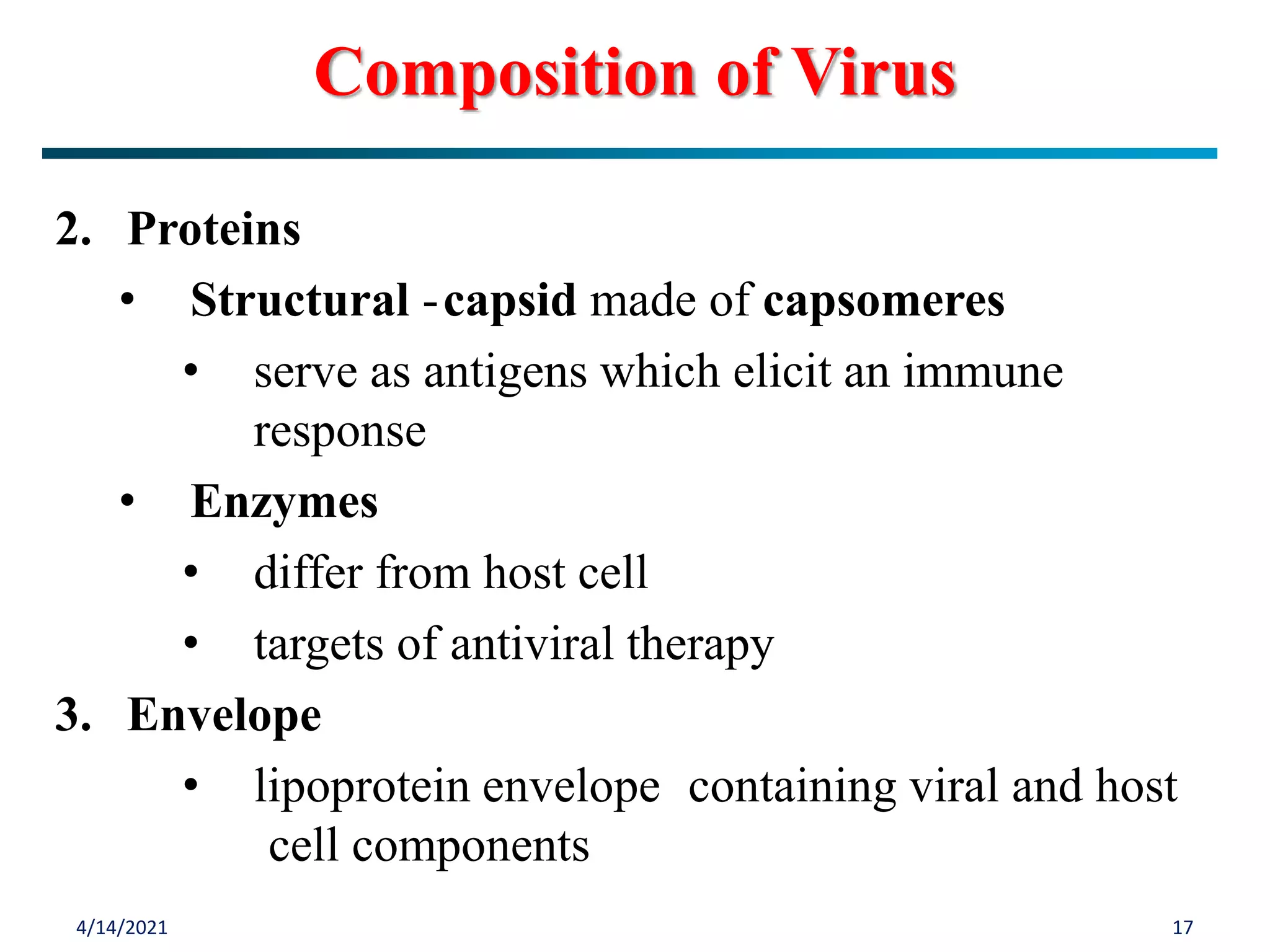 4/14/2021 17
2. Proteins
• Structural -capsid made of capsomeres
• serve as antigens which elicit an immune
response
• Enzymes
• differ from host cell
• targets of antiviral therapy
3. Envelope
• lipoprotein envelope containing viral and host
cell components
Composition of Virus
 