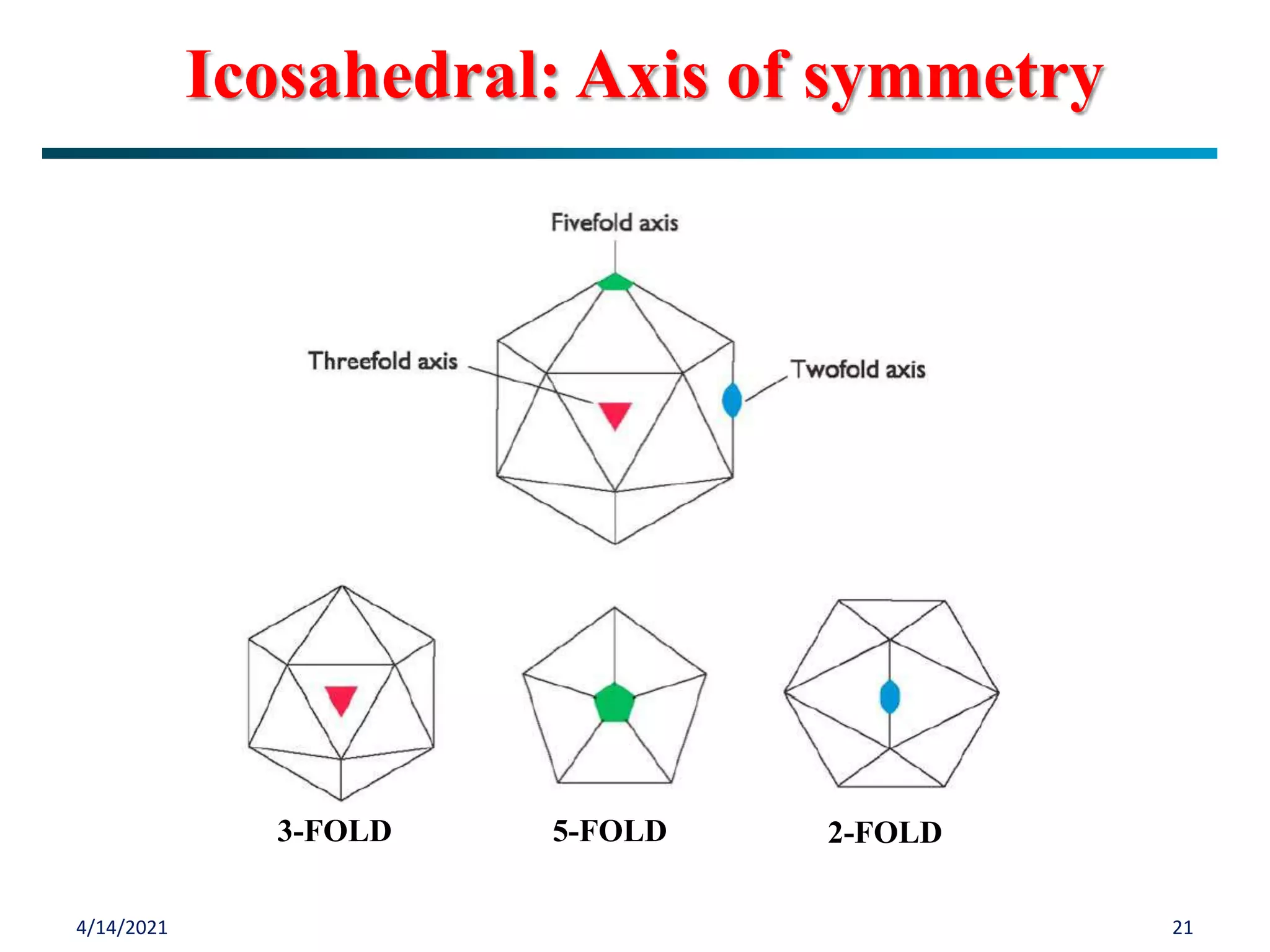 4/14/2021 21
Icosahedral: Axis of symmetry
2-FOLD
5-FOLD
3-FOLD
 