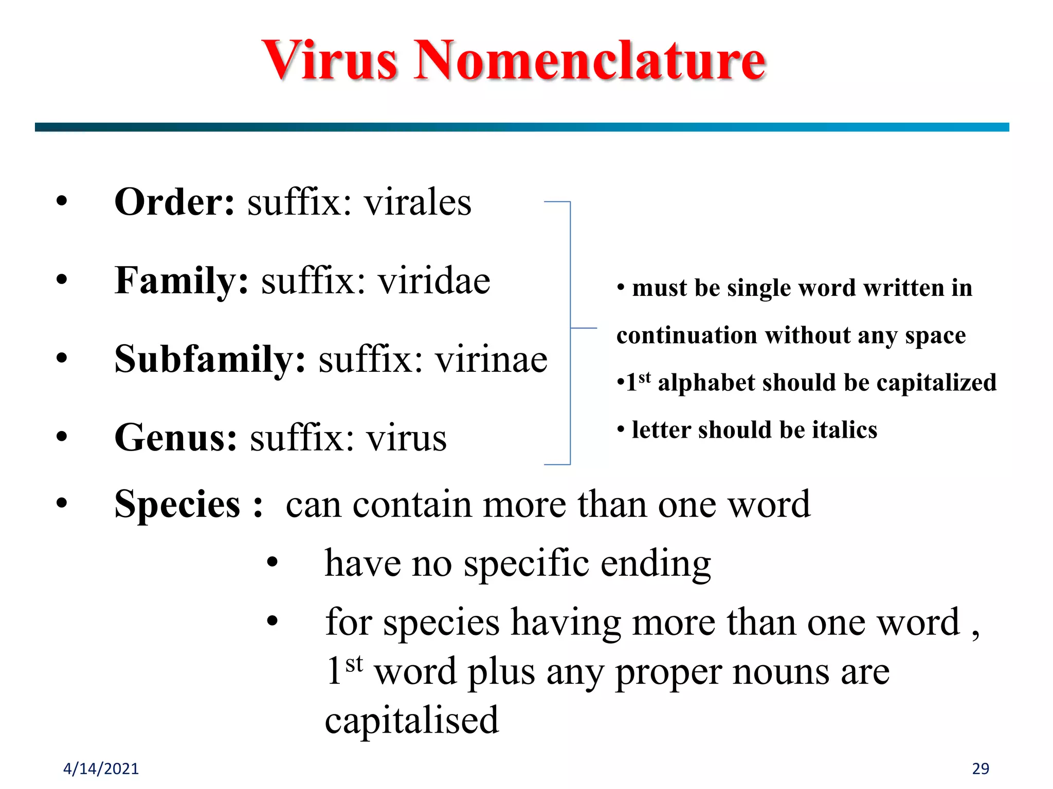 4/14/2021 29
• Order: suffix: virales
• Family: suffix: viridae
• Subfamily: suffix: virinae
• Genus: suffix: virus
• Species : can contain more than one word
• have no specific ending
• for species having more than one word ,
1st word plus any proper nouns are
capitalised
Virus Nomenclature
• must be single word written in
continuation without any space
•1st alphabet should be capitalized
• letter should be italics
 
