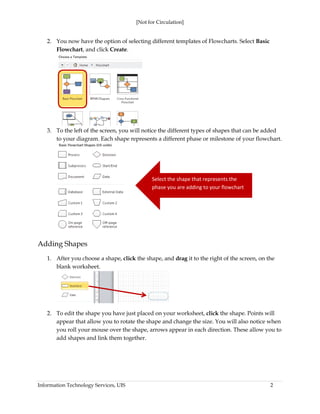 [Not for Circulation]
Information Technology Services, UIS 2
2. You now have the option of selecting different templates of Flowcharts. Select Basic
Flowchart, and click Create.
3. To the left of the screen, you will notice the different types of shapes that can be added
to your diagram. Each shape represents a different phase or milestone of your flowchart.
Adding Shapes
1. After you choose a shape, click the shape, and drag it to the right of the screen, on the
blank worksheet.
2. To edit the shape you have just placed on your worksheet, click the shape. Points will
appear that allow you to rotate the shape and change the size. You will also notice when
you roll your mouse over the shape, arrows appear in each direction. These allow you to
add shapes and link them together.
Select the shape that represents the
phase you are adding to your flowchart
 