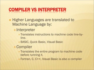 COMPILER VS INTERPRETER
 Higher Languages are translated to
Machine Language by:
Interpreter
 Translates instructions to machine code line-by-
line.
 BASIC, Quick Basic, Visual Basic
Compiler
 Translates the entire program to machine code
before running it.
 Fortran, C, C++, Visual Basic is also a compiler
 