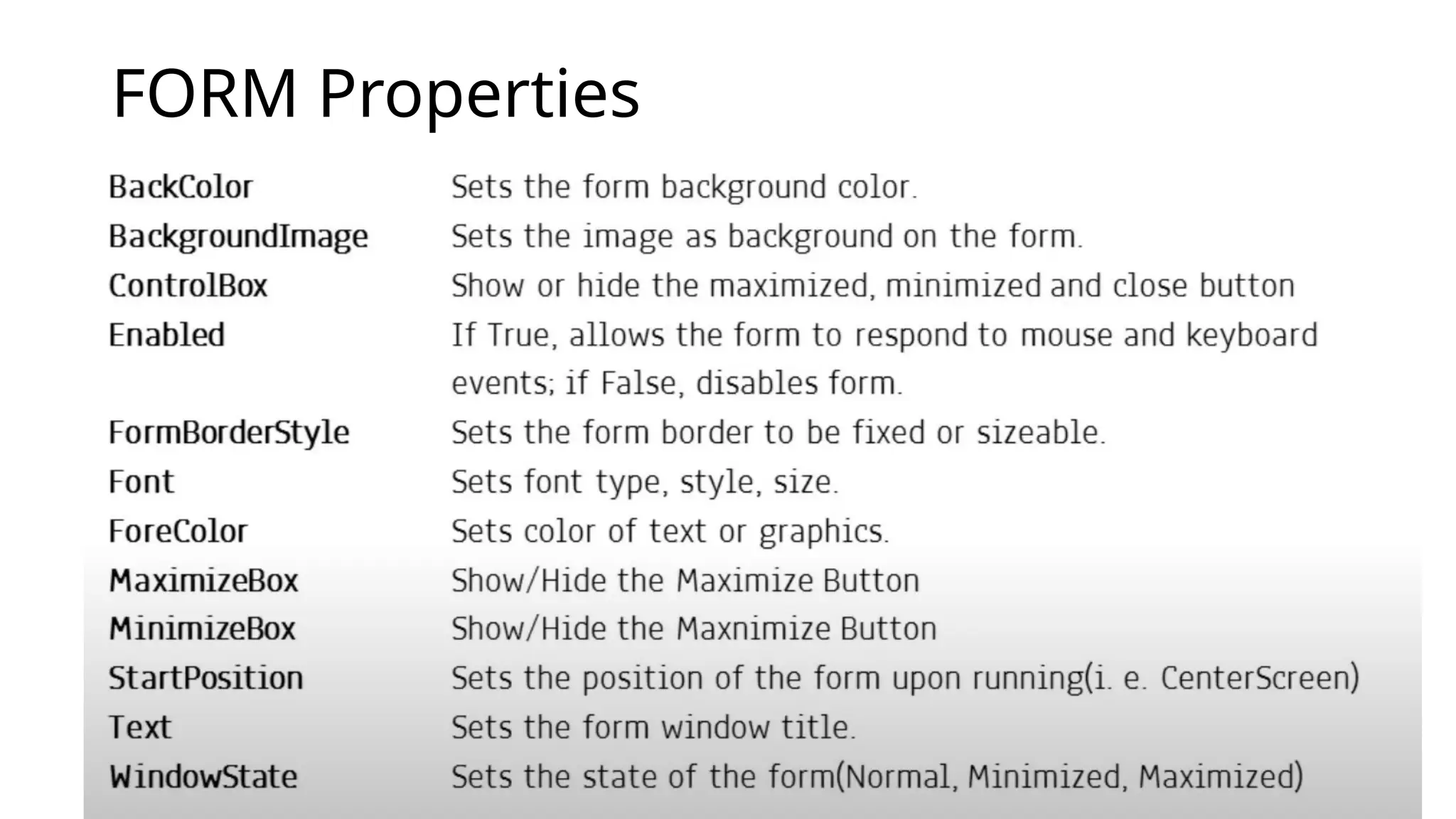 FORM Properties
 