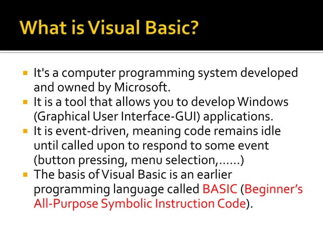 Introduction to visual basic 6 (1) | PPTX | Programming Languages ...