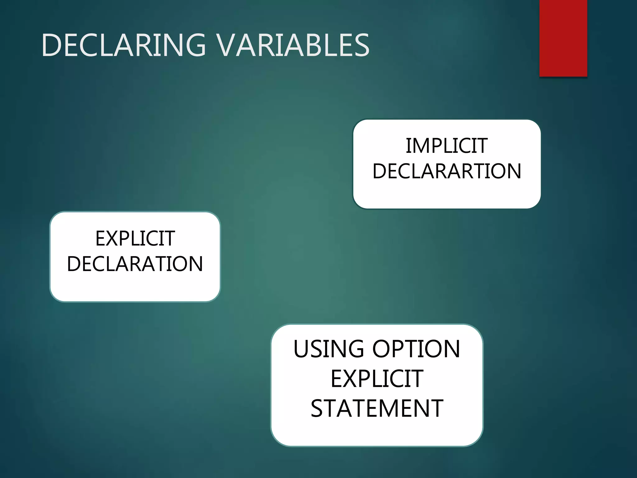 DECLARING VARIABLES
EXPLICIT
DECLARATION
IMPLICIT
DECLARARTION
USING OPTION
EXPLICIT
STATEMENT
 