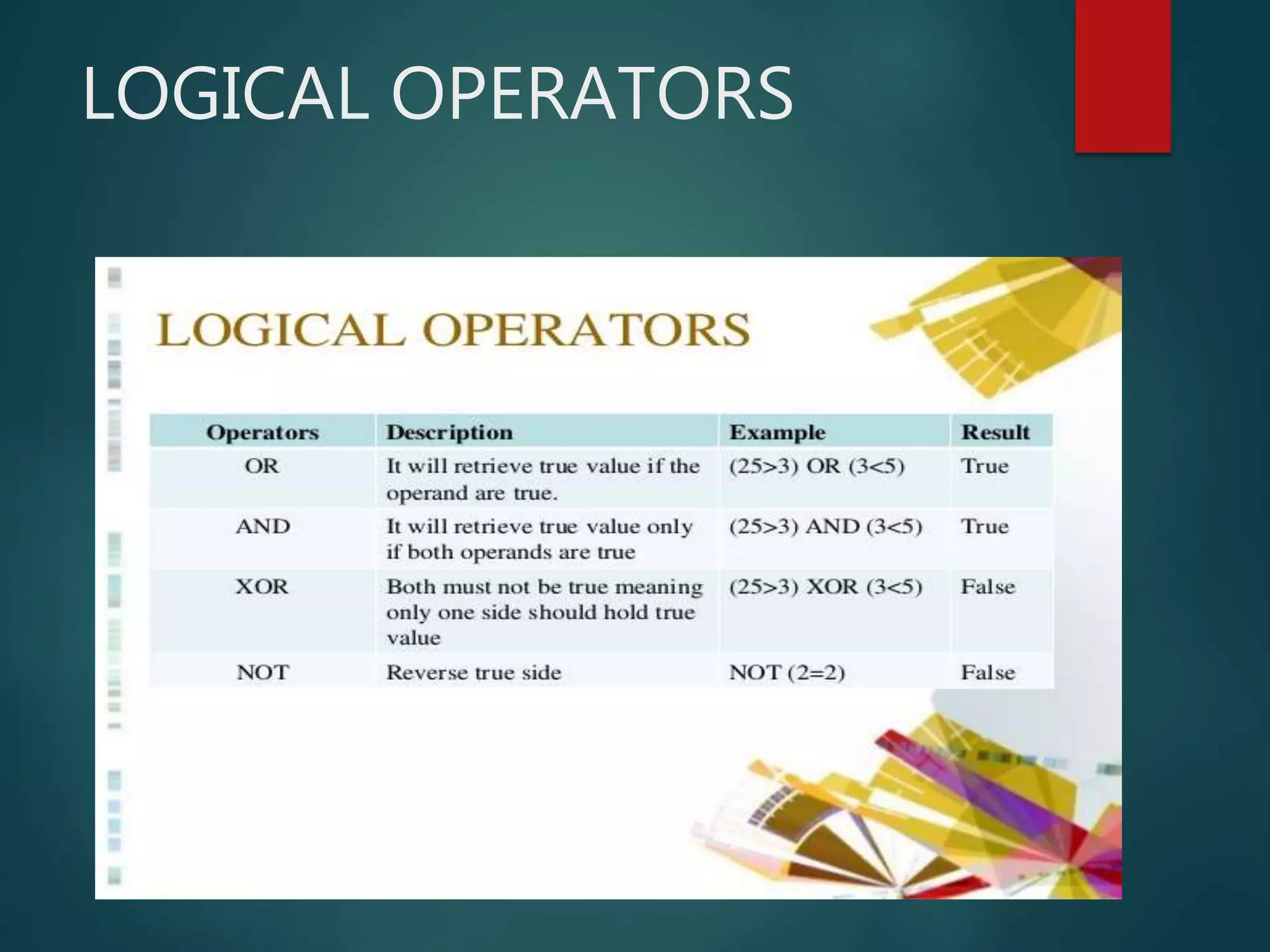 LOGICAL OPERATORS
 