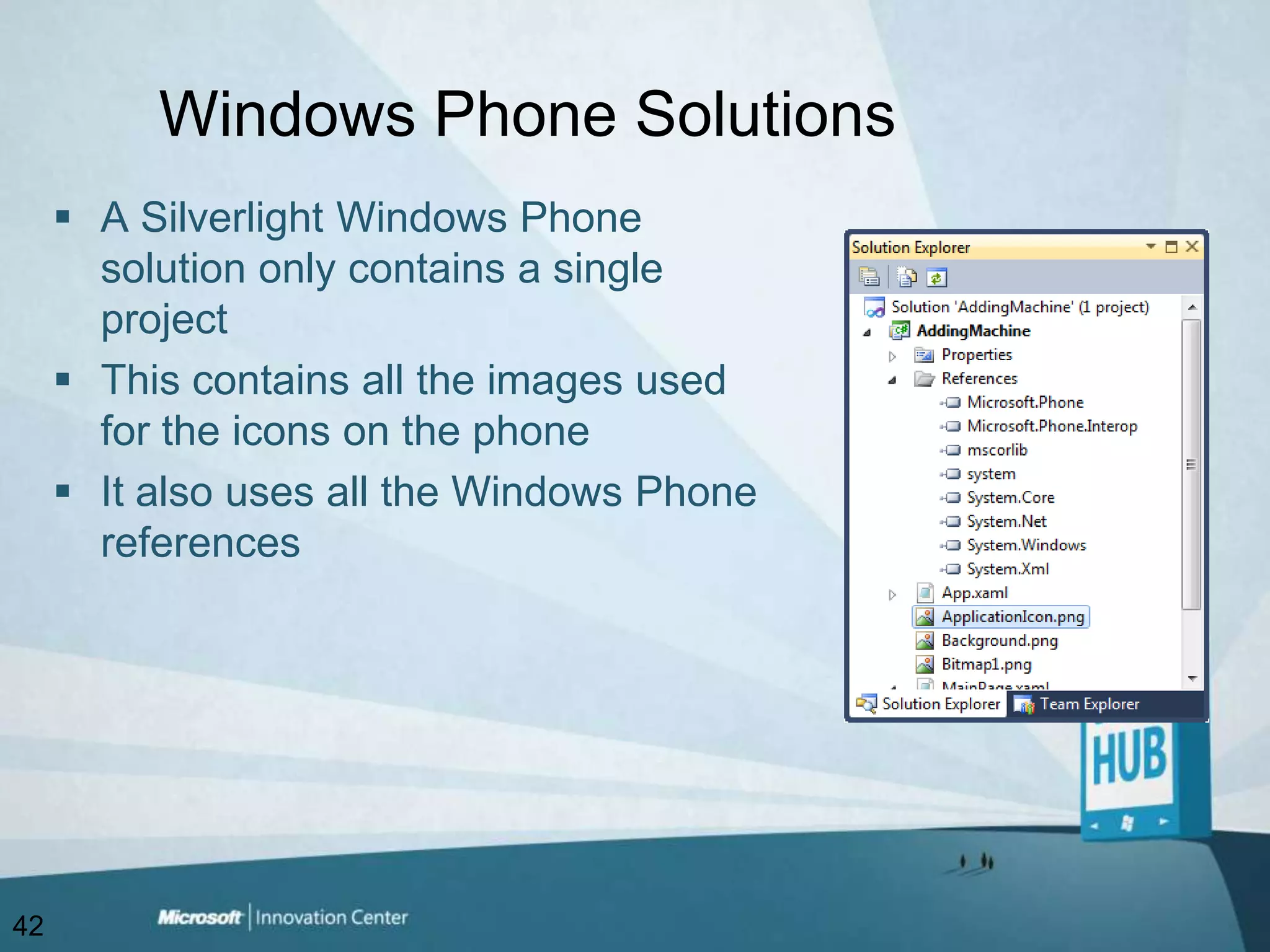 Windows Phone SolutionsA Silverlight Windows Phone solution only contains a single projectThis contains all the images used for the icons on the phoneIt also uses all the Windows Phone references42