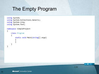 The Empty Programusing System;usingSystem.Collections.Generic;usingSystem.Linq;usingSystem.Text;namespaceSimpleProject{classProgram    {staticvoid Main(string[] args)        {        }    }}11