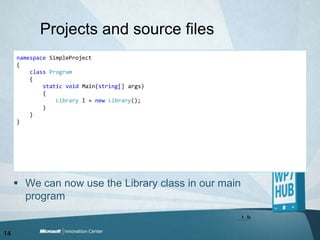 Projects and source filesnamespaceSimpleProject{classProgram    {staticvoid Main(string[] args)        {Library l = newLibrary();        }    }}We can now use the Library class in our main program14