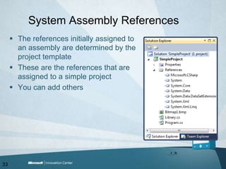 System Assembly ReferencesThe references initially assigned to an assembly are determined by the project templateThese are the references that are assigned to a simple projectYou can add others33