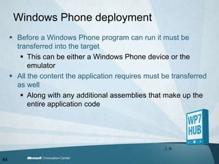 Windows Phone deploymentBefore a Windows Phone program can run it must be transferred into the targetThis can be either a Windows Phone device or the emulatorAll the content the application requires must be transferred as wellAlong with any additional assemblies that make up the entire application code44