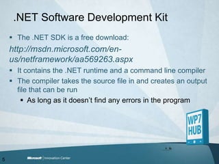 .NET Software Development KitThe .NET SDK is a free download:http://msdn.microsoft.com/en-us/netframework/aa569263.aspxIt contains the .NET runtime and a command line compilerThe compiler takes the source file in and creates an output file that can be runAs long as it doesn’t find any errors in the program5