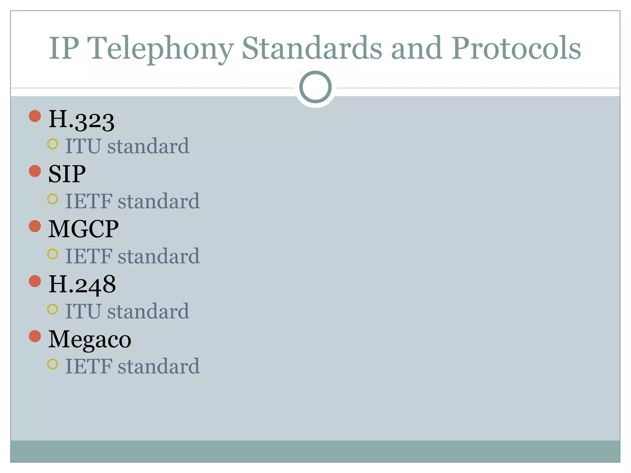IP Telephony Standards and Protocols 
H.323 
 ITU standard 
SIP 
 IETF standard 
MGCP 
 IETF standard 
H.248 
 ITU standard 
Megaco 
 IETF standard 
 