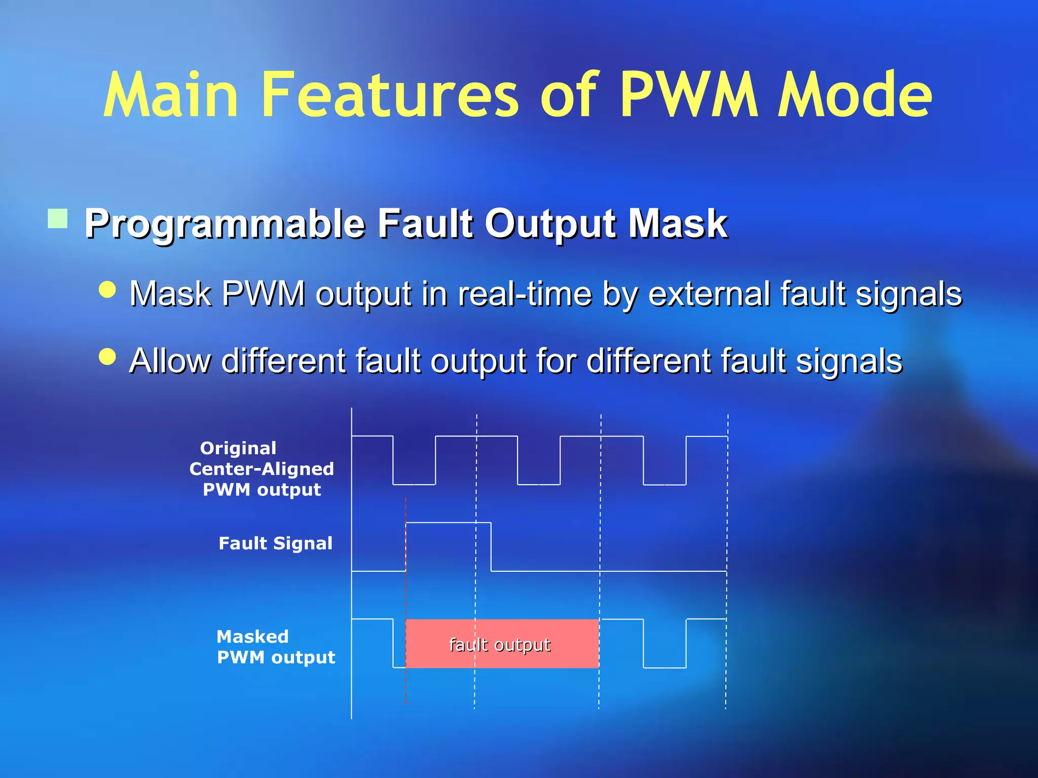 Main Features of PWM Mode
 Programmable Fault Output MaskProgrammable Fault Output Mask
 Mask PWM output in real-time by external fault signalsMask PWM output in real-time by external fault signals
 Allow different fault output for different fault signalsAllow different fault output for different fault signals
Original
Center-Aligned
PWM output
Masked
PWM output
Fault Signal
fault outputfault output
 