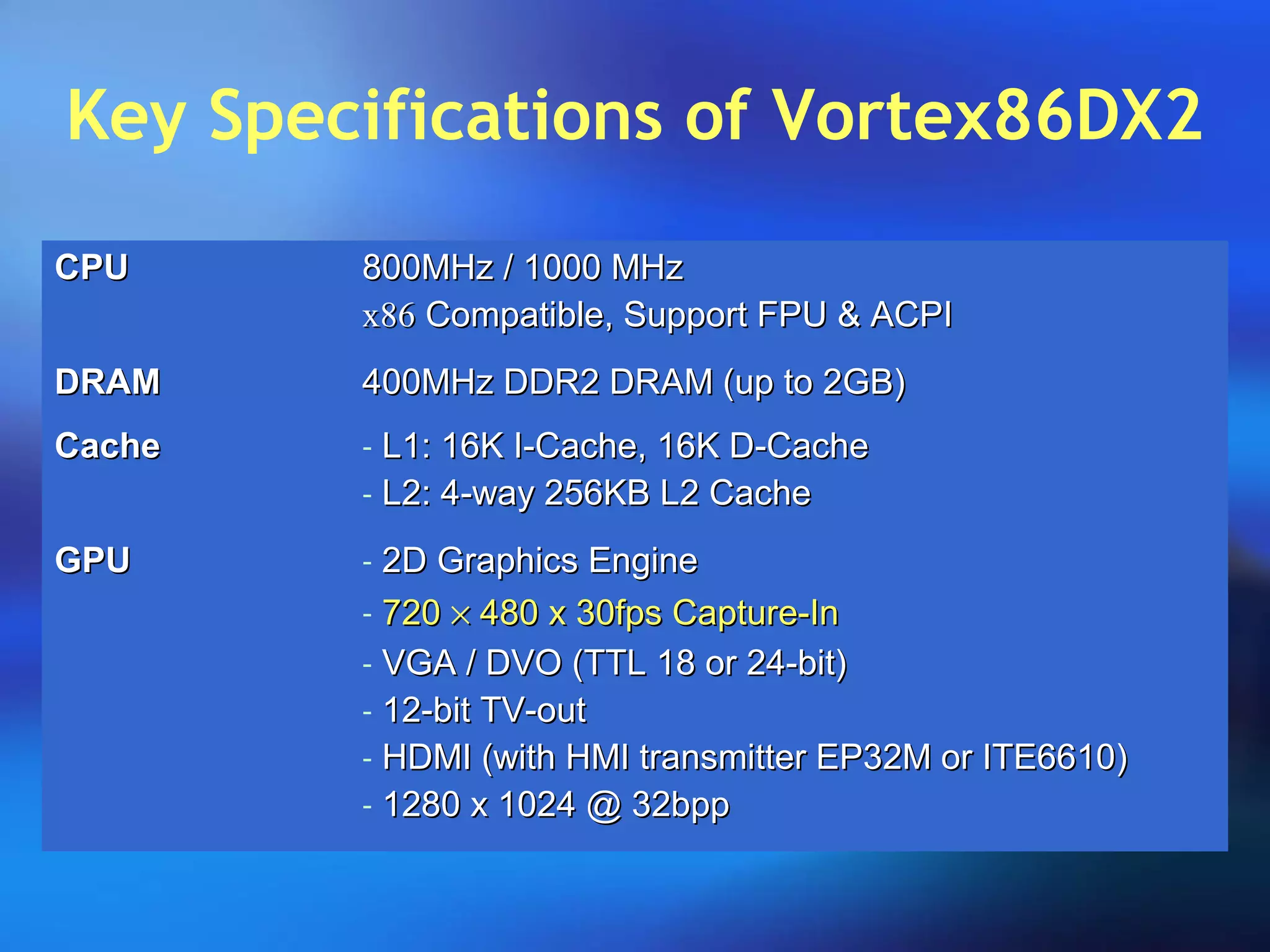 Key Specifications of Vortex86DX2
CPUCPU 800MHz / 1000 MHz800MHz / 1000 MHz
x86x86 Compatible, Support FPU & ACPICompatible, Support FPU & ACPI
DRAMDRAM 400MHz DDR2 DRAM (up to 2GB)400MHz DDR2 DRAM (up to 2GB)
CacheCache - L1: 16K I-Cache, 16K D-CacheL1: 16K I-Cache, 16K D-Cache
- L2: 4-way 256KB L2 CacheL2: 4-way 256KB L2 Cache
GPUGPU - 2D Graphics Engine2D Graphics Engine
- 720720 ×× 480 x 30fps Capture-In480 x 30fps Capture-In
- VGA / DVO (TTL 18 or 24-bit)VGA / DVO (TTL 18 or 24-bit)
- 12-bit TV-out12-bit TV-out
- HDMI (with HMI transmitter EP32M or ITE6610)HDMI (with HMI transmitter EP32M or ITE6610)
- 1280 x 1024 @ 32bpp1280 x 1024 @ 32bpp
 