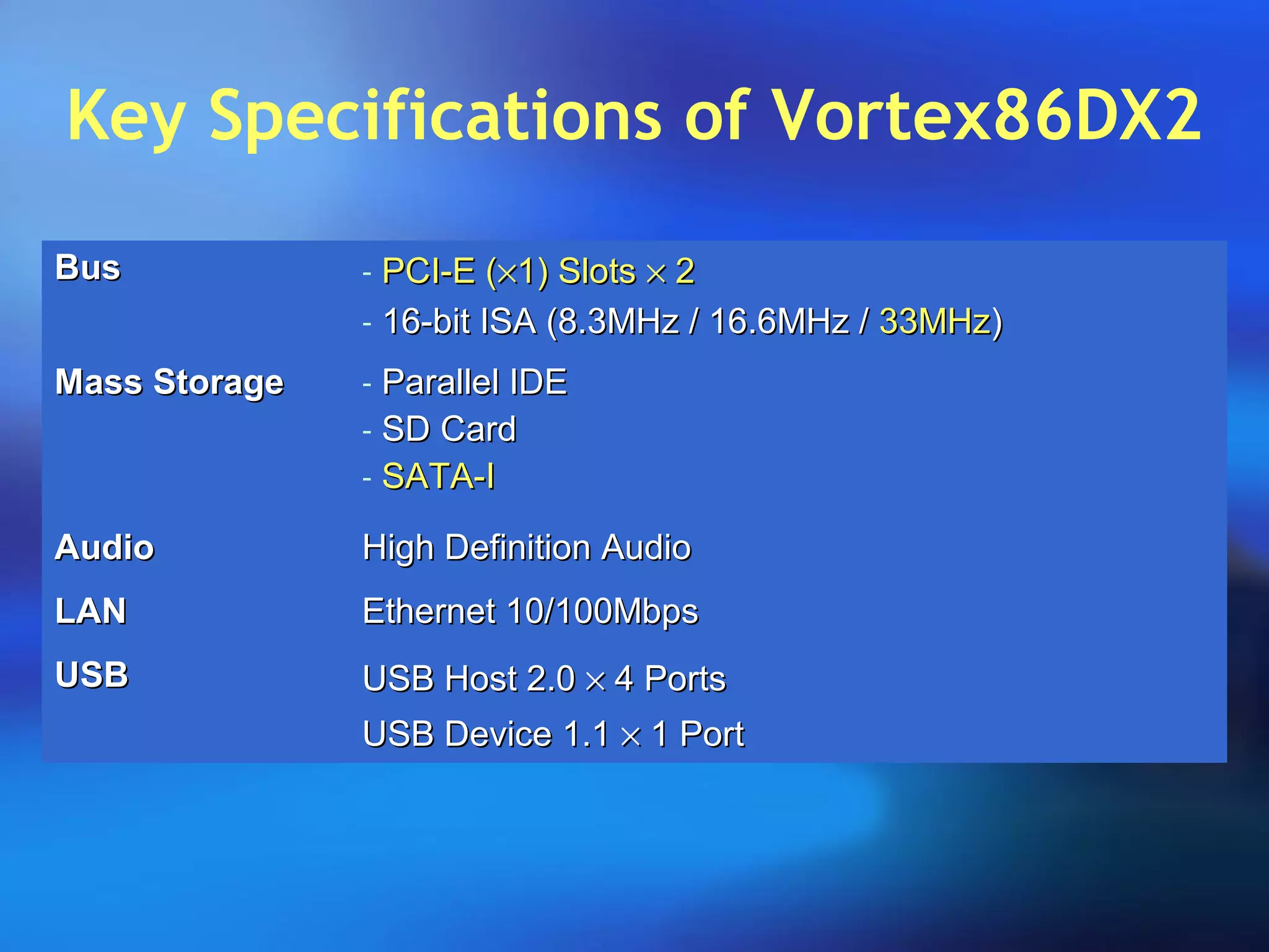 Key Specifications of Vortex86DX2
BusBus - PCI-E (PCI-E (××1) Slots1) Slots ×× 22
- 16-bit ISA (8.3MHz / 16.6MHz /16-bit ISA (8.3MHz / 16.6MHz / 33MHz33MHz))
Mass StorageMass Storage - Parallel IDEParallel IDE
- SD CardSD Card
- SATA-ISATA-I
AudioAudio High Definition AudioHigh Definition Audio
LANLAN Ethernet 10/100MbpsEthernet 10/100Mbps
USBUSB USB Host 2.0USB Host 2.0 ×× 4 Ports4 Ports
USB Device 1.1USB Device 1.1 ×× 1 Port1 Port
 