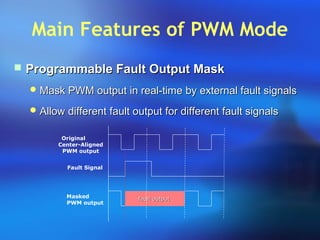 Main Features of PWM Mode
 Programmable Fault Output MaskProgrammable Fault Output Mask
 Mask PWM output in real-time by external fault signalsMask PWM output in real-time by external fault signals
 Allow different fault output for different fault signalsAllow different fault output for different fault signals
Original
Center-Aligned
PWM output
Masked
PWM output
Fault Signal
fault outputfault output
 