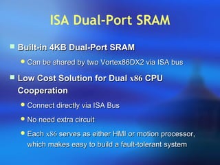 ISA Dual-Port SRAM
 Built-in 4KB Dual-Port SRAMBuilt-in 4KB Dual-Port SRAM
 Can be shared by two Vortex86DX2 via ISA busCan be shared by two Vortex86DX2 via ISA bus
 Low Cost Solution for DualLow Cost Solution for Dual x86x86 CPUCPU
CooperationCooperation
 Connect directly via ISA BusConnect directly via ISA Bus
 No need extra circuitNo need extra circuit
 EachEach x86x86 serves as either HMI or motion processor,serves as either HMI or motion processor,
which makes easy to build a fault-tolerant systemwhich makes easy to build a fault-tolerant system
 