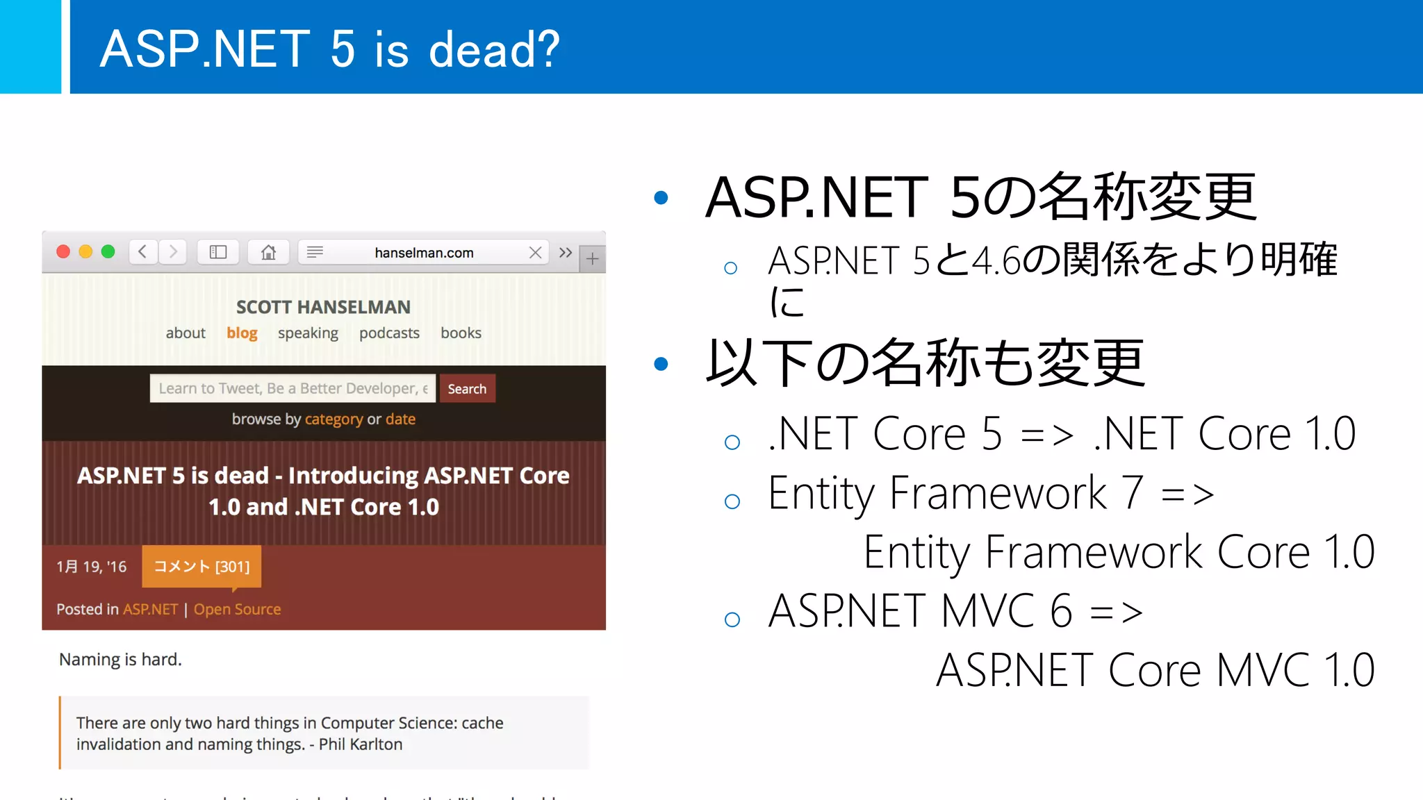• ASP.NET 5の名称変更
o ASP.NET 5と4.6の関係をより明確
に
• 以下の名称も変更
o .NET Core 5 => .NET Core 1.0
o Entity Framework 7 =>
Entity Framework Core 1.0
o ASP.NET MVC 6 =>
ASP.NET Core MVC 1.0
ASP.NET 5 is dead?
 
