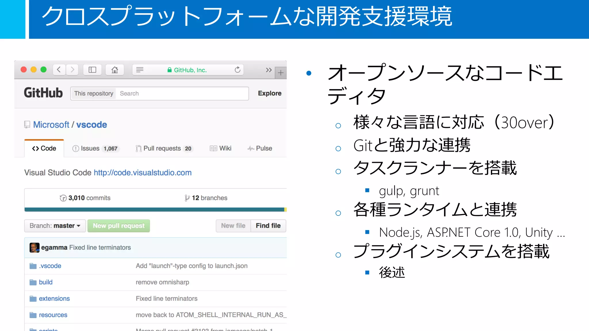 • オープンソースなコードエ
ディタ
o 様々な言語に対応（30over）
o Gitと強力な連携
o タスクランナーを搭載
 gulp, grunt
o 各種ランタイムと連携
 Node.js, ASP.NET Core 1.0, Unity …
o プラグインシステムを搭載
 後述
クロスプラットフォームな開発支援環境
 