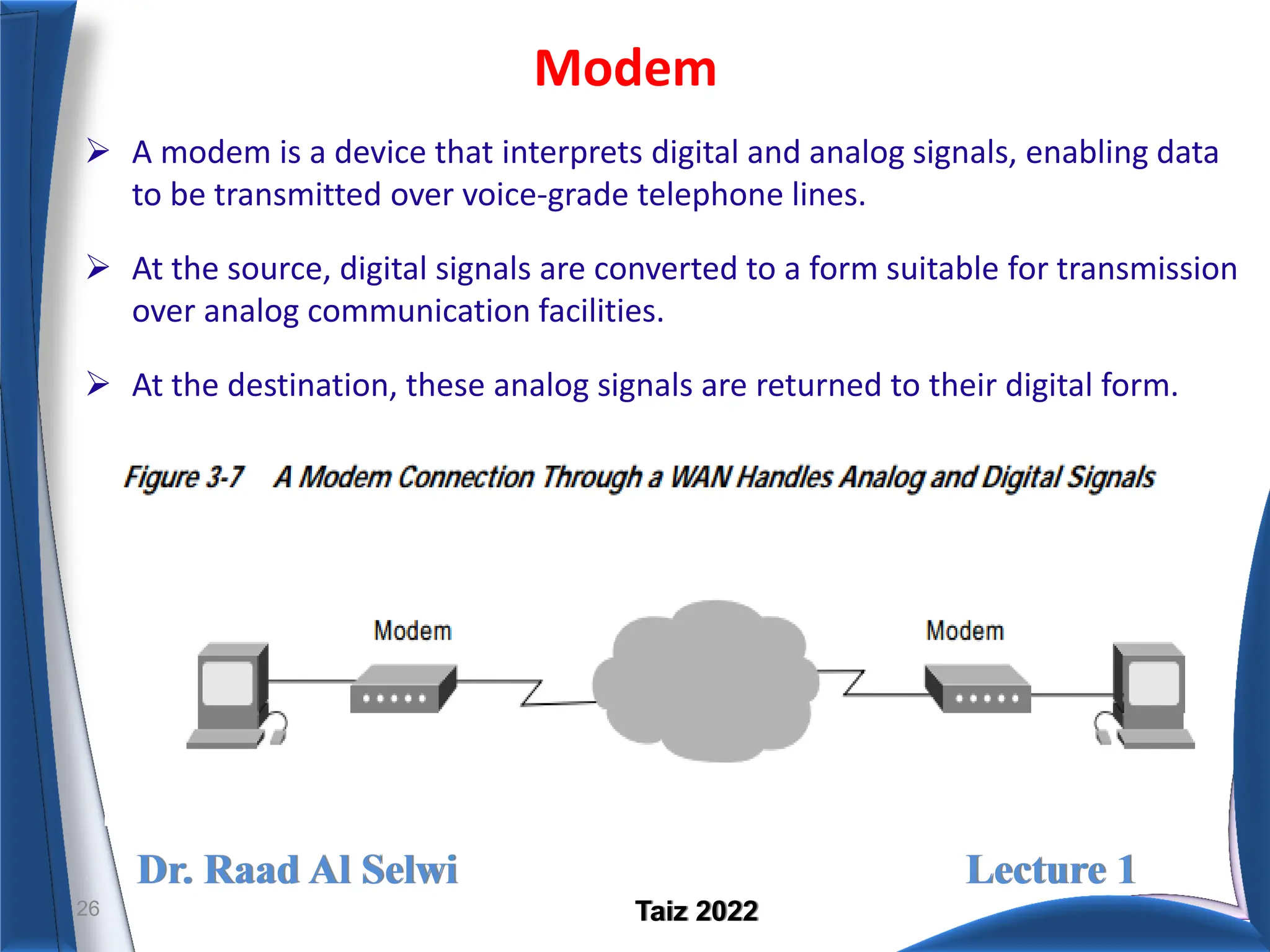 Dr. Raad Al Selwi Lecture 1
Taiz 2022
Modem
26
 A modem is a device that interprets digital and analog signals, enabling data
to be transmitted over voice-grade telephone lines.
 At the source, digital signals are converted to a form suitable for transmission
over analog communication facilities.
 At the destination, these analog signals are returned to their digital form.
 