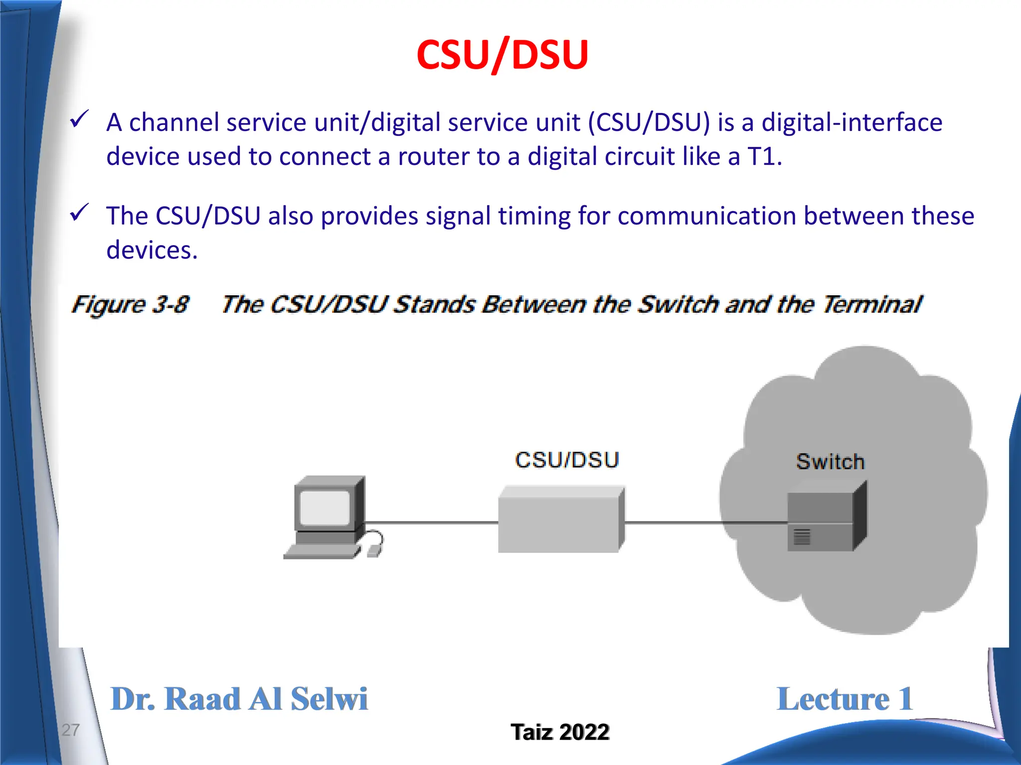 Dr. Raad Al Selwi Lecture 1
Taiz 2022
CSU/DSU
27
 A channel service unit/digital service unit (CSU/DSU) is a digital-interface
device used to connect a router to a digital circuit like a T1.
 The CSU/DSU also provides signal timing for communication between these
devices.
 