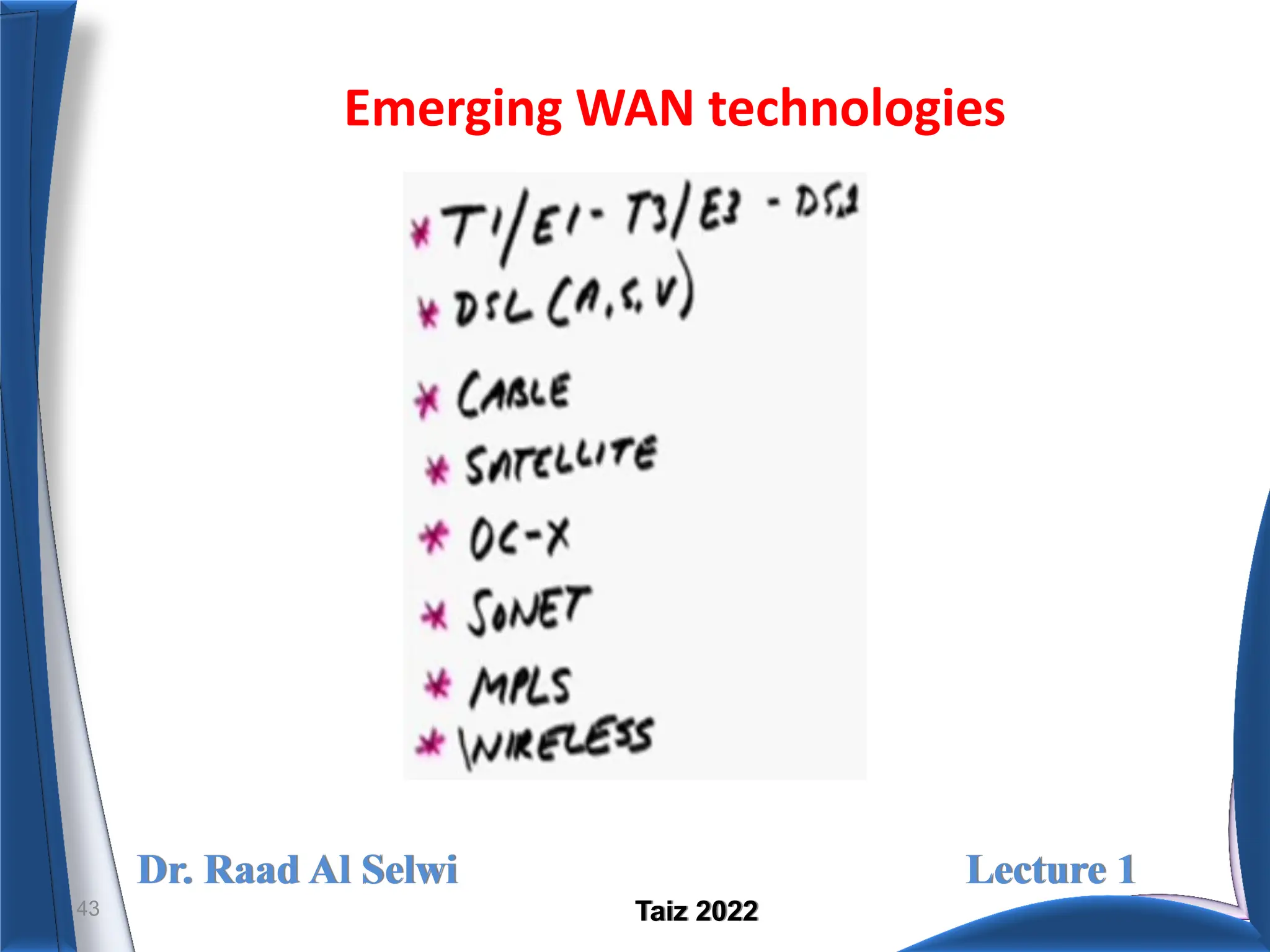 Dr. Raad Al Selwi Lecture 1
Taiz 2022
Emerging WAN technologies
43
 
