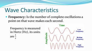 Wave Characteristics
 Frequency: Is the number of complete oscillations a
point on that wave makes each second.
Frequency is measured
in Hertz (Hz), its units
are
1
𝑠
 