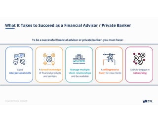 Corporate Finance Institute®
What It Takes to Succeed as a Financial Advisor / Private Banker
To be a successful financial advisor or private banker, you must have:
Good
interpersonal skills
A broad knowledge
of financial products
and services
Manage multiple
client relationships
and be available
A willingness to
‘hunt’ for new clients
Skills to engage in
networking
 